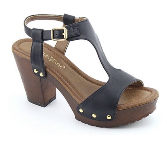 Nature Breeze Shoes - Black Embellished Vint chunky heel Sandals